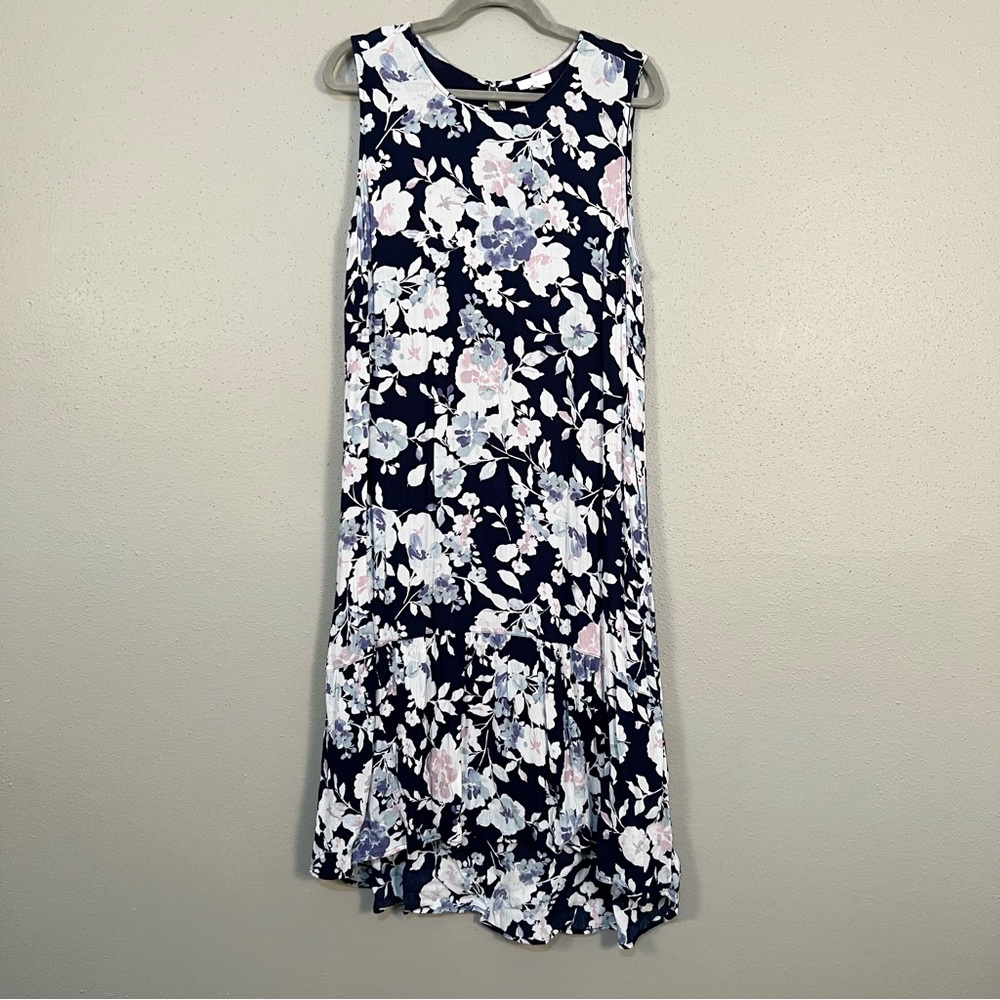 J. Jill Navy Floral Midi Dress with White and Blush Accents